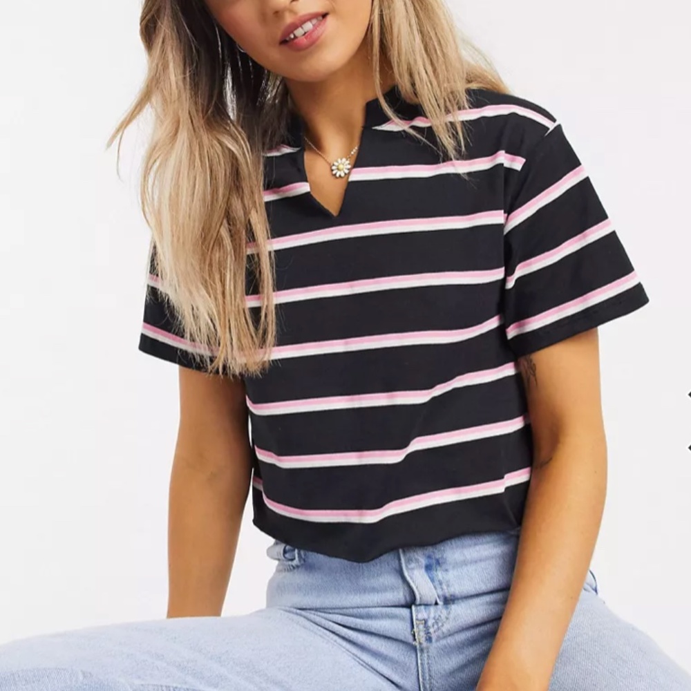 ASOS DESIGN boxy t-shirt w/notch neck in black with pink stripe